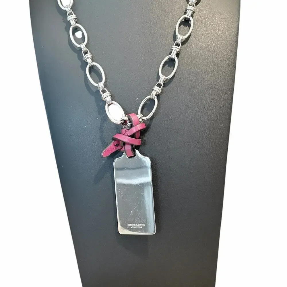Coach Silver Hang Tag Pendant Necklace w/Red Leather Fob Silver Chain 18 Inch - Picture 2 of 9